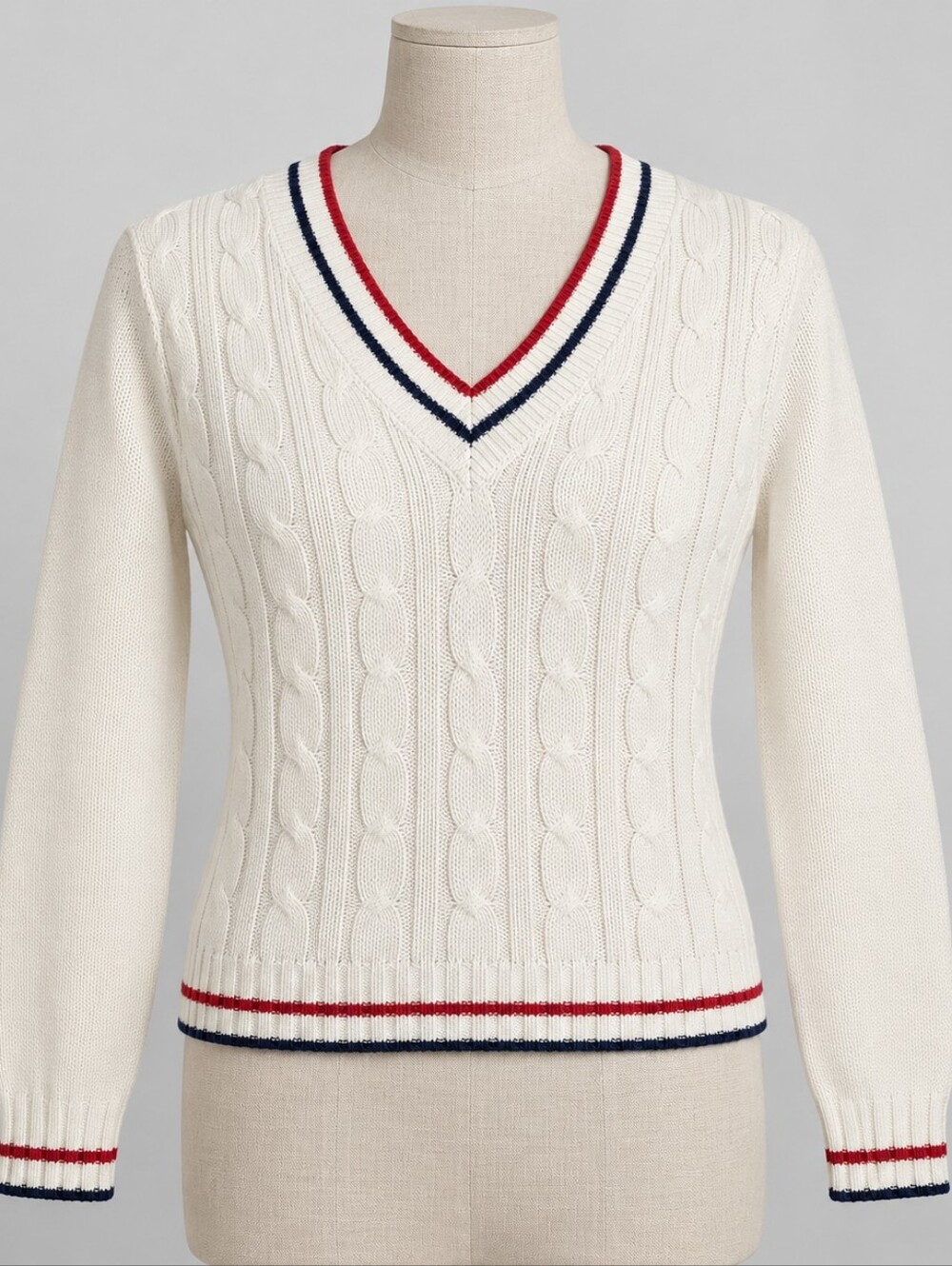 H&M Divided Ivory Cable Knit Varsity V-Neck Sweater Size XS